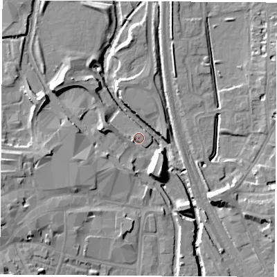 Shaded relief map of the ground around OX162DX, computed from Environment Agency LiDAR. The ground here sits at about 91 m above sea level and falls 11 m across the surrounding 800 m. The ground contributing surface water to this point lies to the east.