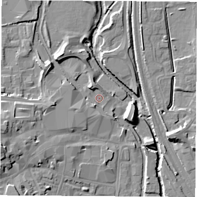 Shaded relief map of the ground around OX162PA, computed from Environment Agency LiDAR. The ground here sits at about 91 m above sea level and falls 15 m across the surrounding 800 m. Surface water reaching this point runs off ground lying to the north-west, 4.3 m higher.
