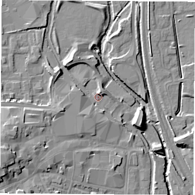 Shaded relief map of the ground around OX162PQ, computed from Environment Agency LiDAR. The ground here sits at about 92 m above sea level and falls 16 m across the surrounding 800 m. Surface water reaching this point runs off ground lying to the south-south-west, 3.3 m higher.