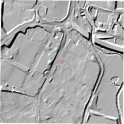 Shaded relief map of the ground around OX162RR, computed from Environment Agency LiDAR. The ground here sits at about 94 m above sea level and falls 16 m across the surrounding 800 m. Surface water reaching this point runs off ground lying to the south-west, 0.6 m higher.