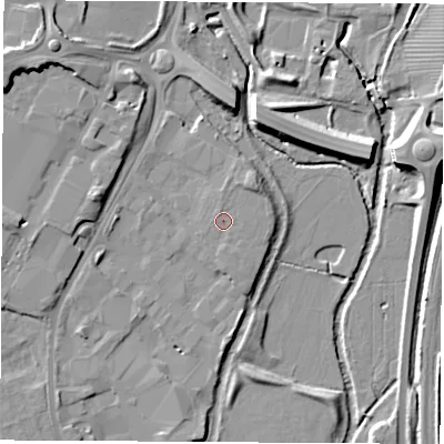 Shaded relief map of the ground around OX162SE, computed from Environment Agency LiDAR. The ground here sits at about 94 m above sea level and falls 12 m across the surrounding 800 m. Surface water reaching this point runs off ground lying to the north-north-east, 1.0 m higher.