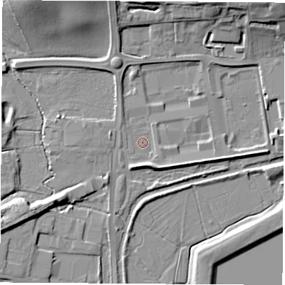 Shaded relief map of the ground around OX162SN, computed from Environment Agency LiDAR. The ground here sits at about 93 m above sea level and falls 17 m across the surrounding 800 m. Surface water reaching this point runs off ground lying to the north-north-east, 13.9 m higher.