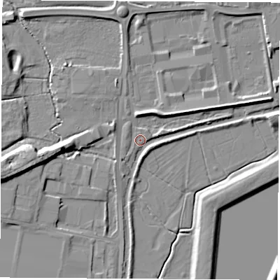 Shaded relief map of the ground around OX162SX, computed from Environment Agency LiDAR. The ground here sits at about 93 m above sea level and falls 9 m across the surrounding 800 m. Surface water reaching this point runs off ground lying to the west-north-west, 2.9 m higher.