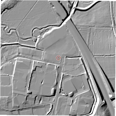 Shaded relief map of the ground around OX163AB, computed from Environment Agency LiDAR. The ground here sits at about 95 m above sea level and falls 12 m across the surrounding 800 m. The ground contributing surface water to this point lies to the south-east.