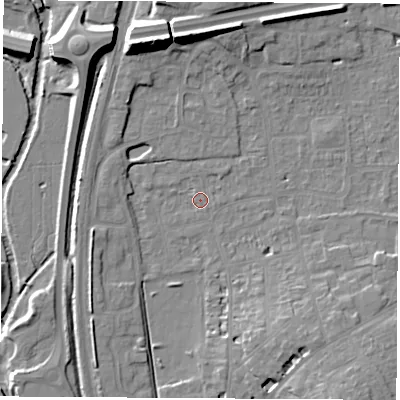 Shaded relief map of the ground around OX163HF, computed from Environment Agency LiDAR. The ground here sits at about 91 m above sea level and falls 15 m across the surrounding 800 m. Surface water reaching this point runs off ground lying to the north-north-west, 13.2 m higher.