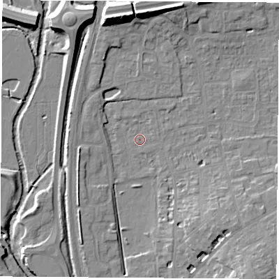Shaded relief map of the ground around OX163HH, computed from Environment Agency LiDAR. The ground here sits at about 91 m above sea level and falls 16 m across the surrounding 800 m. Surface water reaching this point runs off ground lying to the west, 3.6 m higher.