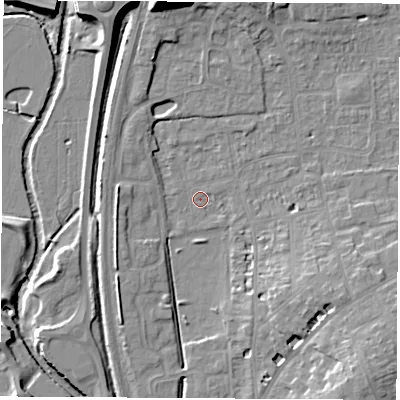 Shaded relief map of the ground around OX163HQ, computed from Environment Agency LiDAR. The ground here sits at about 91 m above sea level and falls 15 m across the surrounding 800 m. Surface water reaching this point runs off ground lying to the west-south-west, 3.3 m higher.
