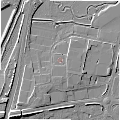 Shaded relief map of the ground around OX163JU, computed from Environment Agency LiDAR. The ground here sits at about 95 m above sea level and falls 12 m across the surrounding 800 m. The ground contributing surface water to this point lies to the north-east.