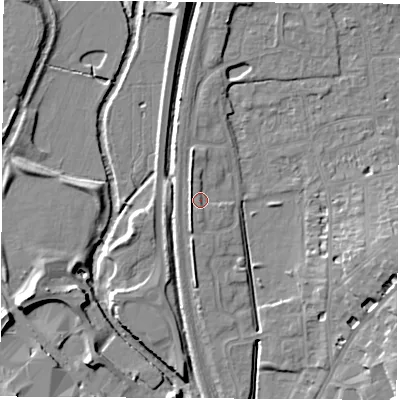Shaded relief map of the ground around OX163ND, computed from Environment Agency LiDAR. The ground here sits at about 92 m above sea level and falls 10 m across the surrounding 800 m. Surface water reaching this point runs off ground lying to the west, 1.7 m higher.