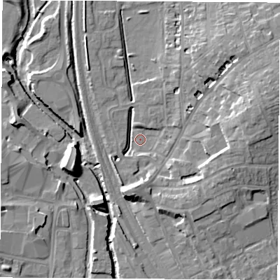Shaded relief map of the ground around OX163NN, computed from Environment Agency LiDAR. The ground here sits at about 90 m above sea level and falls 13 m across the surrounding 800 m. Surface water reaching this point runs off ground lying to the east-north-east, 9.8 m higher.