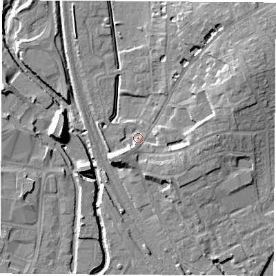 Shaded relief map of the ground around OX163QH, computed from Environment Agency LiDAR. The ground here sits at about 92 m above sea level and falls 13 m across the surrounding 800 m. Surface water reaching this point runs off ground lying to the east, 5.1 m higher.