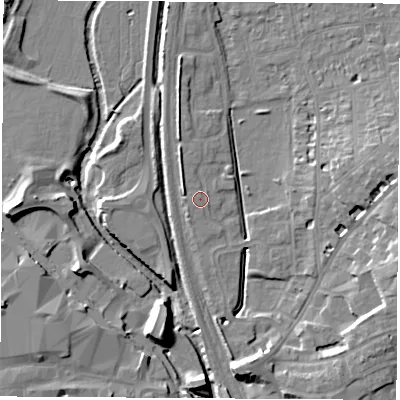 Shaded relief map of the ground around OX163QL, computed from Environment Agency LiDAR. The ground here sits at about 92 m above sea level and falls 11 m across the surrounding 800 m. Surface water reaching this point runs off ground lying to the north-west, 1.5 m higher.
