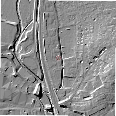 Shaded relief map of the ground around OX163QP, computed from Environment Agency LiDAR. The ground here sits at about 91 m above sea level and falls 12 m across the surrounding 800 m. Surface water reaching this point runs off ground lying to the east, 10.8 m higher.