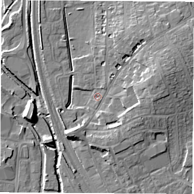 Shaded relief map of the ground around OX163QR, computed from Environment Agency LiDAR. The ground here sits at about 91 m above sea level and falls 13 m across the surrounding 800 m. Surface water reaching this point runs off ground lying to the east-north-east, 9.6 m higher.