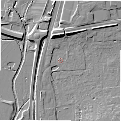Shaded relief map of the ground around OX163WB, computed from Environment Agency LiDAR. The ground here sits at about 92 m above sea level and falls 15 m across the surrounding 800 m. Surface water reaching this point runs off ground lying to the north-north-west, 11.7 m higher.