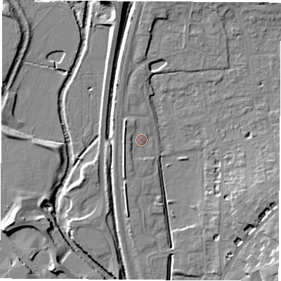 Shaded relief map of the ground around OX163WH, computed from Environment Agency LiDAR. The ground here sits at about 92 m above sea level and falls 11 m across the surrounding 800 m. Surface water reaching this point runs off ground lying to the west-north-west, 2.7 m higher.