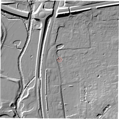Shaded relief map of the ground around OX163WJ, computed from Environment Agency LiDAR. The ground here sits at about 91 m above sea level and falls 15 m across the surrounding 800 m. Surface water reaching this point runs off ground lying to the north, 13.0 m higher.