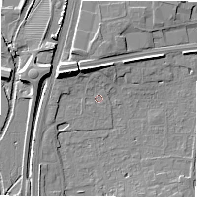 Shaded relief map of the ground around OX163WL, computed from Environment Agency LiDAR. The ground here sits at about 92 m above sea level and falls 14 m across the surrounding 800 m. Surface water reaching this point runs off ground lying to the north-west, 12.0 m higher.