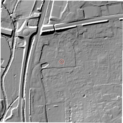 Shaded relief map of the ground around OX163WN, computed from Environment Agency LiDAR. The ground here sits at about 91 m above sea level and falls 15 m across the surrounding 800 m. Surface water reaching this point runs off ground lying to the north-north-west, 0.9 m higher.