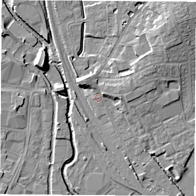 Shaded relief map of the ground around OX164AA, computed from Environment Agency LiDAR. The ground here sits at about 92 m above sea level and falls 13 m across the surrounding 800 m. Surface water reaching this point runs off ground lying to the east-north-east, 3.8 m higher.