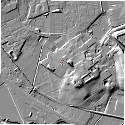 Shaded relief map of the ground around OX164AJ, computed from Environment Agency LiDAR. The ground here sits at about 92 m above sea level and falls 12 m across the surrounding 800 m. Surface water reaching this point runs off ground lying to the north-north-east, 2.4 m higher.