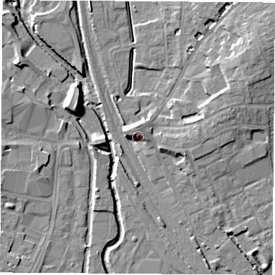 Shaded relief map of the ground around OX164QG, computed from Environment Agency LiDAR. The ground here sits at about 94 m above sea level and falls 13 m across the surrounding 800 m. Surface water reaching this point runs off ground lying to the west-north-west, 7.2 m higher.