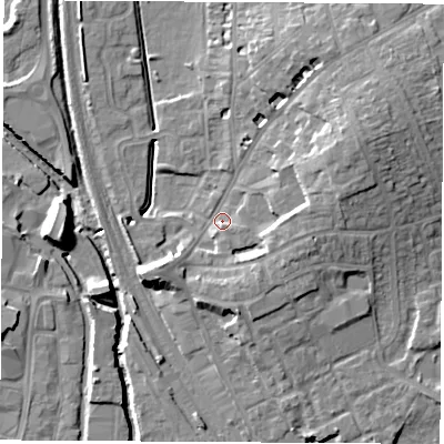 Shaded relief map of the ground around OX164QJ, computed from Environment Agency LiDAR. The ground here sits at about 92 m above sea level and falls 13 m across the surrounding 800 m. Surface water reaching this point runs off ground lying to the east-north-east, 8.7 m higher.