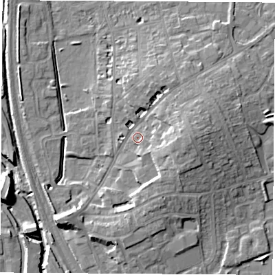 Shaded relief map of the ground around OX164RG, computed from Environment Agency LiDAR. The ground here sits at about 93 m above sea level and falls 12 m across the surrounding 800 m. Surface water reaching this point runs off ground lying to the east, 7.2 m higher.