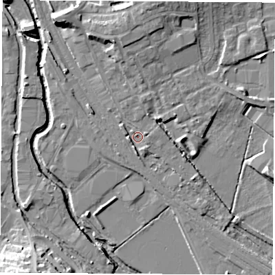 Shaded relief map of the ground around OX164RN, computed from Environment Agency LiDAR. The ground here sits at about 90 m above sea level and falls 19 m across the surrounding 800 m. Surface water reaching this point runs off ground lying to the east-north-east, 1.6 m higher.