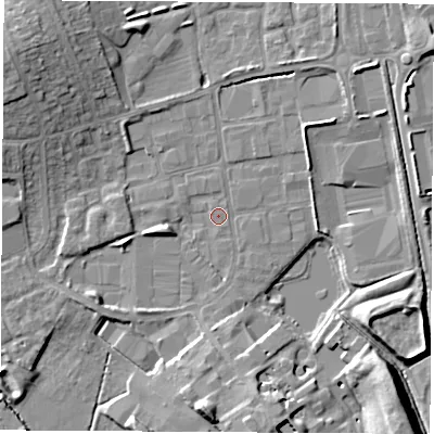 Shaded relief map of the ground around OX164SP, computed from Environment Agency LiDAR. The ground here sits at about 90 m above sea level and falls 11 m across the surrounding 800 m. Surface water reaching this point runs off ground lying to the west-north-west, 8.8 m higher.