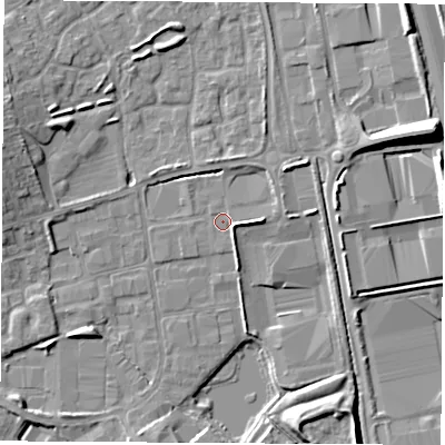 Shaded relief map of the ground around OX164UZ, computed from Environment Agency LiDAR. The ground here sits at about 91 m above sea level and falls 13 m across the surrounding 800 m. Surface water reaching this point runs off ground lying to the east, 2.7 m higher.