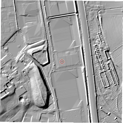 Shaded relief map of the ground around OX164XD, computed from Environment Agency LiDAR. The ground here sits at about 90 m above sea level and falls 10 m across the surrounding 800 m. The ground contributing surface water to this point lies to the south-east.