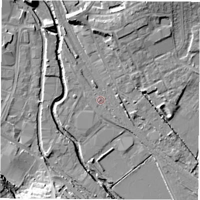 Shaded relief map of the ground around OX165AB, computed from Environment Agency LiDAR. The ground here sits at about 91 m above sea level and falls 19 m across the surrounding 800 m. Surface water reaching this point runs off ground lying to the west-south-west, 0.6 m higher.