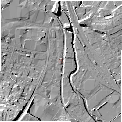 Shaded relief map of the ground around OX165AJ, computed from Environment Agency LiDAR. The ground here sits at about 91 m above sea level and falls 34 m across the surrounding 800 m. Surface water reaching this point runs off ground lying to the east-north-east, 2.8 m higher.