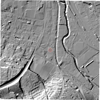 Shaded relief map of the ground around OX165AL, computed from Environment Agency LiDAR. The ground here sits at about 91 m above sea level and falls 40 m across the surrounding 800 m. Surface water reaching this point runs off ground lying to the west-south-west, 3.3 m higher.