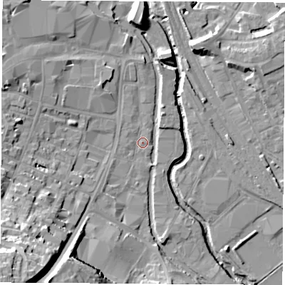 Shaded relief map of the ground around OX165AP, computed from Environment Agency LiDAR. The ground here sits at about 91 m above sea level and falls 36 m across the surrounding 800 m. Surface water reaching this point runs off ground lying to the west-north-west, 1.0 m higher.