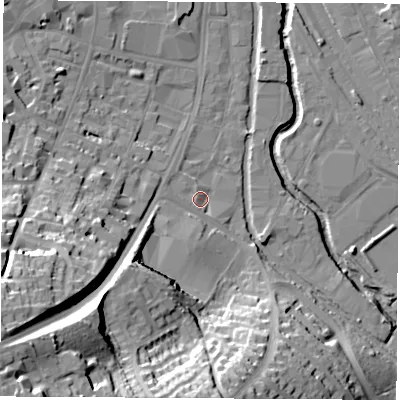 Shaded relief map of the ground around OX165AQ, computed from Environment Agency LiDAR. The ground here sits at about 92 m above sea level and falls 41 m across the surrounding 800 m. Surface water reaching this point runs off ground lying to the south-west, 1.8 m higher.