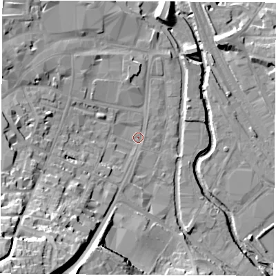 Shaded relief map of the ground around OX165AS, computed from Environment Agency LiDAR. The ground here sits at about 91 m above sea level and falls 38 m across the surrounding 800 m. Surface water reaching this point runs off ground lying to the south-west, 34.6 m higher.