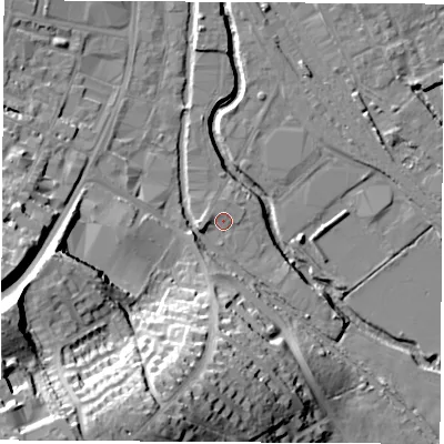 Shaded relief map of the ground around OX165AU, computed from Environment Agency LiDAR. The ground here sits at about 91 m above sea level and falls 40 m across the surrounding 800 m. Surface water reaching this point runs off ground lying to the west-south-west, 2.2 m higher.