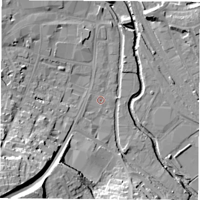 Shaded relief map of the ground around OX165AX, computed from Environment Agency LiDAR. The ground here sits at about 91 m above sea level and falls 39 m across the surrounding 800 m. Surface water reaching this point runs off ground lying to the south-west, 1.8 m higher.