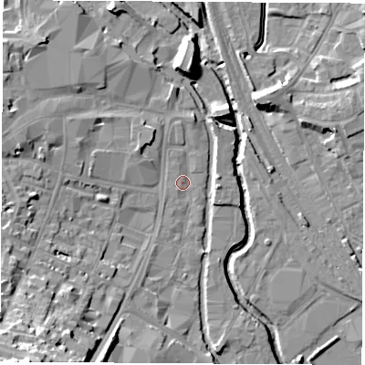 Shaded relief map of the ground around OX165AY, computed from Environment Agency LiDAR. The ground here sits at about 91 m above sea level and falls 27 m across the surrounding 800 m. Surface water reaching this point runs off ground lying to the south-west, 23.1 m higher.