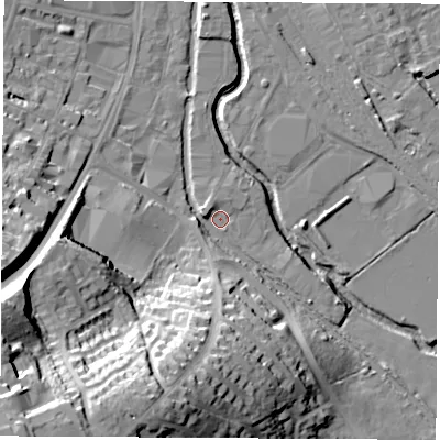 Shaded relief map of the ground around OX165BG, computed from Environment Agency LiDAR. The ground here sits at about 91 m above sea level and falls 40 m across the surrounding 800 m. Surface water reaching this point runs off ground lying to the south-west, 37.4 m higher.