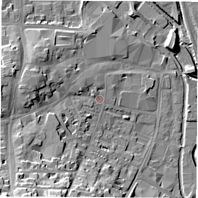 Shaded relief map of the ground around OX165BH, computed from Environment Agency LiDAR. The ground here sits at about 94 m above sea level and falls 30 m across the surrounding 800 m. Surface water reaching this point runs off ground lying to the south-west, 23.5 m higher.