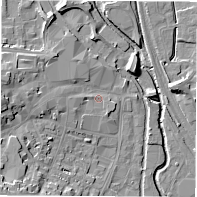 Shaded relief map of the ground around OX165PN, computed from Environment Agency LiDAR. The ground here sits at about 92 m above sea level and falls 19 m across the surrounding 800 m. Surface water reaching this point runs off ground lying to the west-south-west, 3.3 m higher.