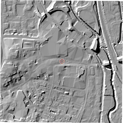 Shaded relief map of the ground around OX165QD, computed from Environment Agency LiDAR. The ground here sits at about 93 m above sea level and falls 20 m across the surrounding 800 m. Surface water reaching this point runs off ground lying to the west, 10.8 m higher.