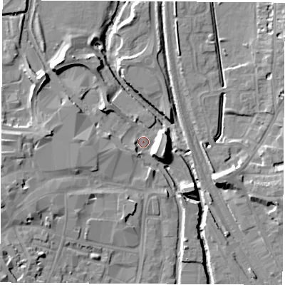 Shaded relief map of the ground around OX165QE, computed from Environment Agency LiDAR. The ground here sits at about 90 m above sea level and falls 12 m across the surrounding 800 m. Surface water reaching this point runs off ground lying to the north-west, 5.3 m higher.