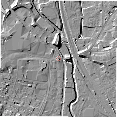 Shaded relief map of the ground around OX165QF, computed from Environment Agency LiDAR. The ground here sits at about 91 m above sea level and falls 15 m across the surrounding 800 m. Surface water reaching this point runs off ground lying to the west, 7.0 m higher.