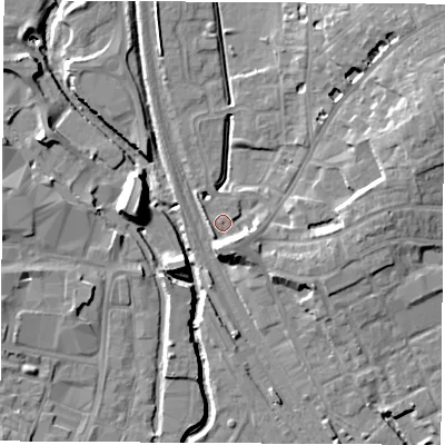 Shaded relief map of the ground around OX165QW, computed from Environment Agency LiDAR. The ground here sits at about 92 m above sea level and falls 13 m across the surrounding 800 m. Surface water reaching this point runs off ground lying to the south-east, 3.7 m higher.