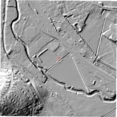 Shaded relief map of the ground around OX165TA, computed from Environment Agency LiDAR. The ground here sits at about 89 m above sea level and falls 33 m across the surrounding 800 m. Surface water reaching this point runs off ground lying to the west, 2.6 m higher.