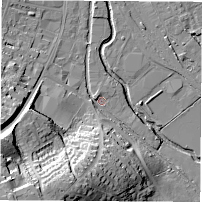 Shaded relief map of the ground around OX165TB, computed from Environment Agency LiDAR. The ground here sits at about 90 m above sea level and falls 40 m across the surrounding 800 m. Surface water reaching this point runs off ground lying to the south-west, 37.3 m higher.